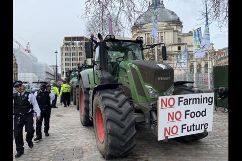 Tractors were parked in front of the venue in protest